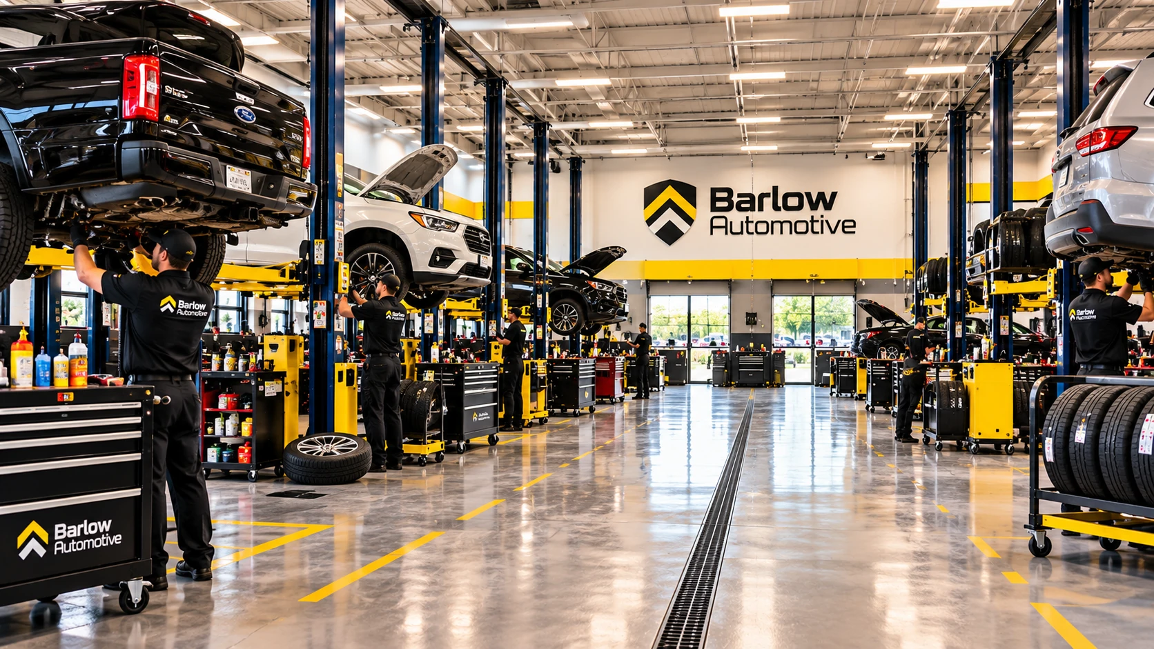 Inside the Barlow Automotive workshop with vehicles on service lifts.