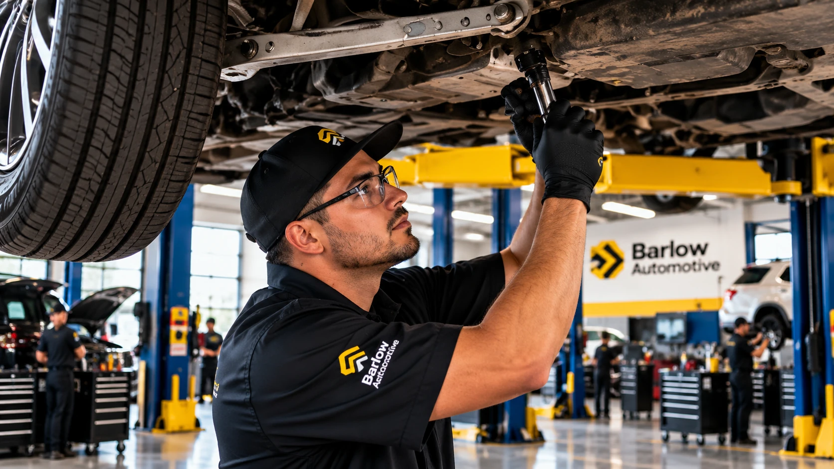 Technician working beneath a vehicle on a service lift.