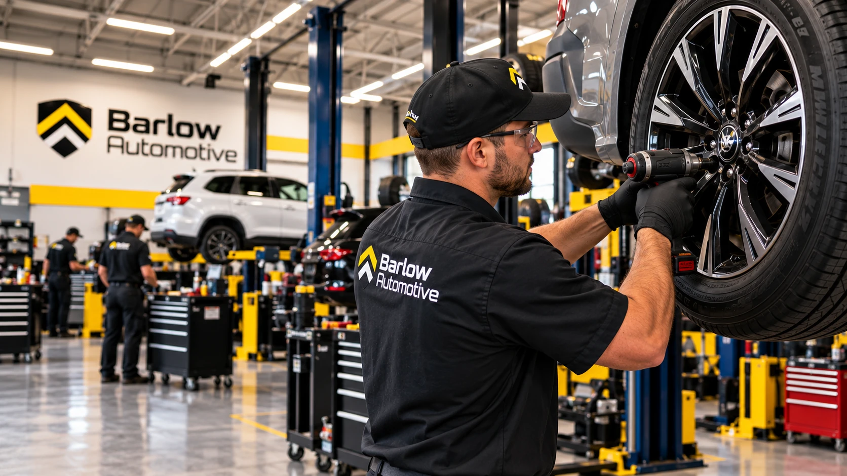 Technician servicing a wheel on a raised vehicle.